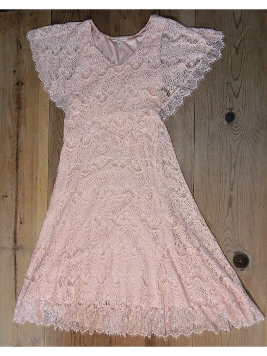 Reba Dresses & Skirts - Reba Midi Dress Womens XL Pink Crochet Floral Lace V Neck Rhinestone Pullover